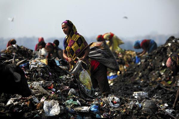 People scavenge for food and recyclable materials in a landfill in New Delhi.