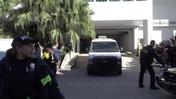 Justin Bieber seen being transported by van out of the Miami Beach Court Facility where he was held prior to being booked in Miami Beach, Florida
