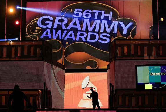 Crew members return from a lunch break at rehearsals for the Grammy Awards telecast.