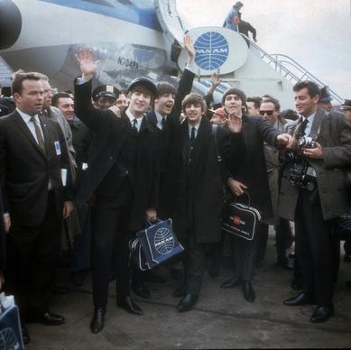 The Beatles arrive at New York's Kennedy Airport on Feb. 7, 1964, for their first U.S. appearance. From left are John Lennon, Paul McCartney, Ringo Starr and George Harrison. Over the next two weeks, the Beatles stormed America, appearing on "The Ed Sullivan Show" three times (the first two live and the third on tape) and playing concerts in front of thousands of fervid fans. By the time they flew home, the Fab Four was the most famous band in the world, and the nature of celebrity had changed forever.