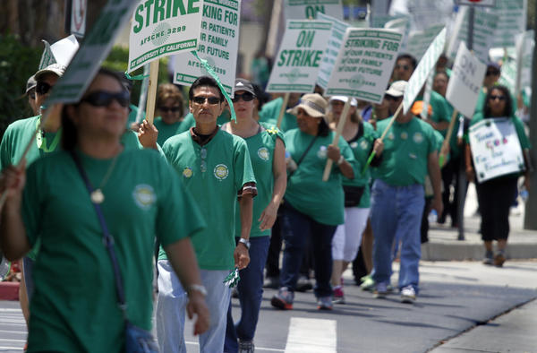 Unionized workers picketed at UC Irvine Medical Center in May. the union has scheduled a five day walkout in March.