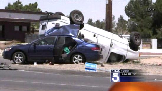 2 Adults, 3 Juveniles Killed When Van Lands on Top of Car in Hesperia Crash