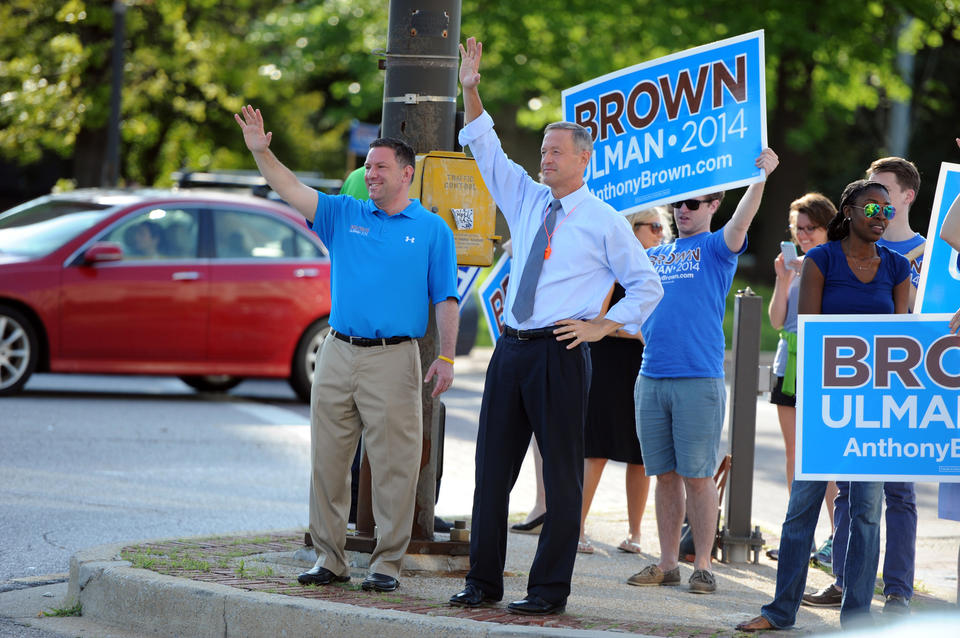 Ken Ulman (left), County Executive of Howard County, and Gov. Martin O'Malley drum up support for the Brown-Ulman campaign on Fayette and President streets Tuesday morning.