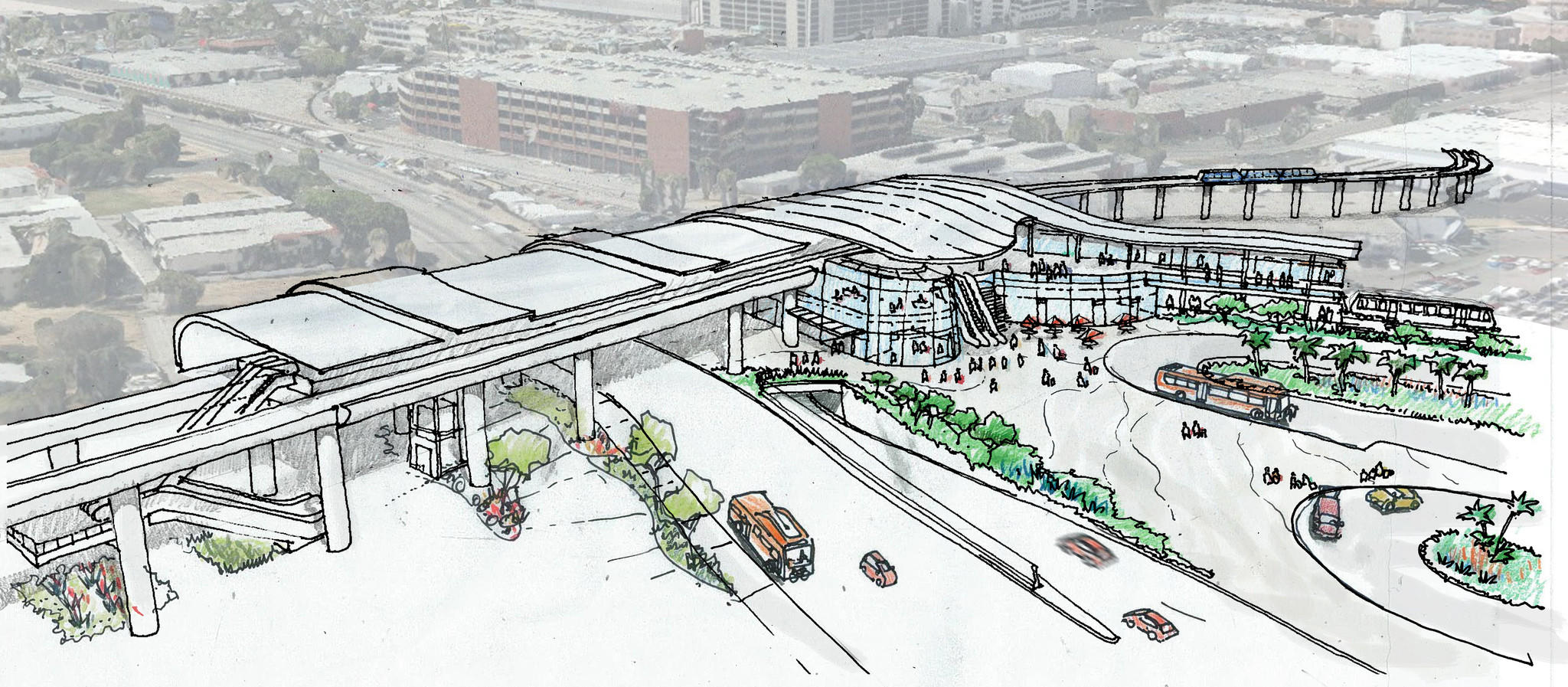 Artist's concept sketch of the light-rail station to be built at 96th Street and Aviation Boulevard, where passengers will board an aerial circulator train to their terminals.