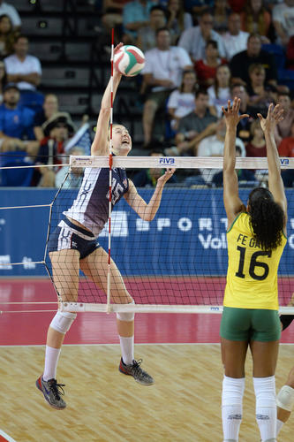 United States Kim Hill puts the ball away during the USA Volleyball Cup against Brazil on Saturday.