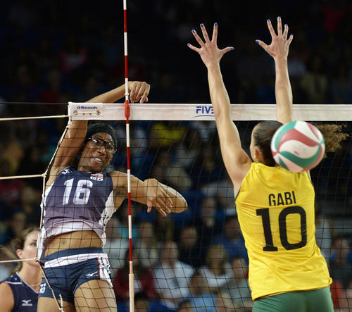 United States Foluke Akinradewo puts the ball away during the USA Volleyball Cup against Brazil on Saturday.