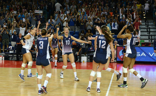United States celebrate after its win against Brazil during the USA Volleyball Cup on Saturday.