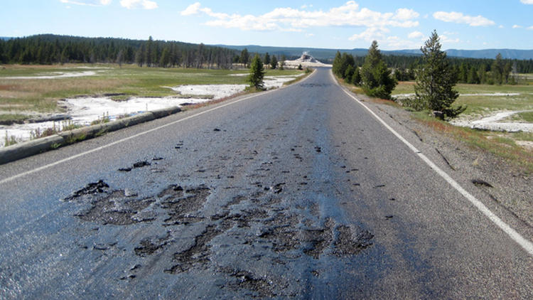 Melting road in Yellowstone National Park