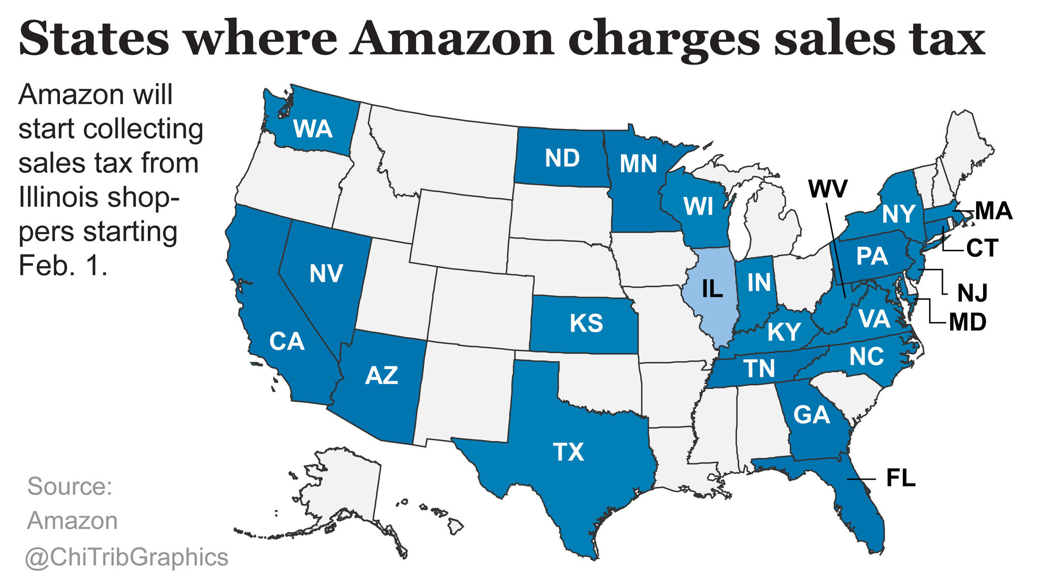 States where Amazon collects sales tax (map) - Chicago Tribune