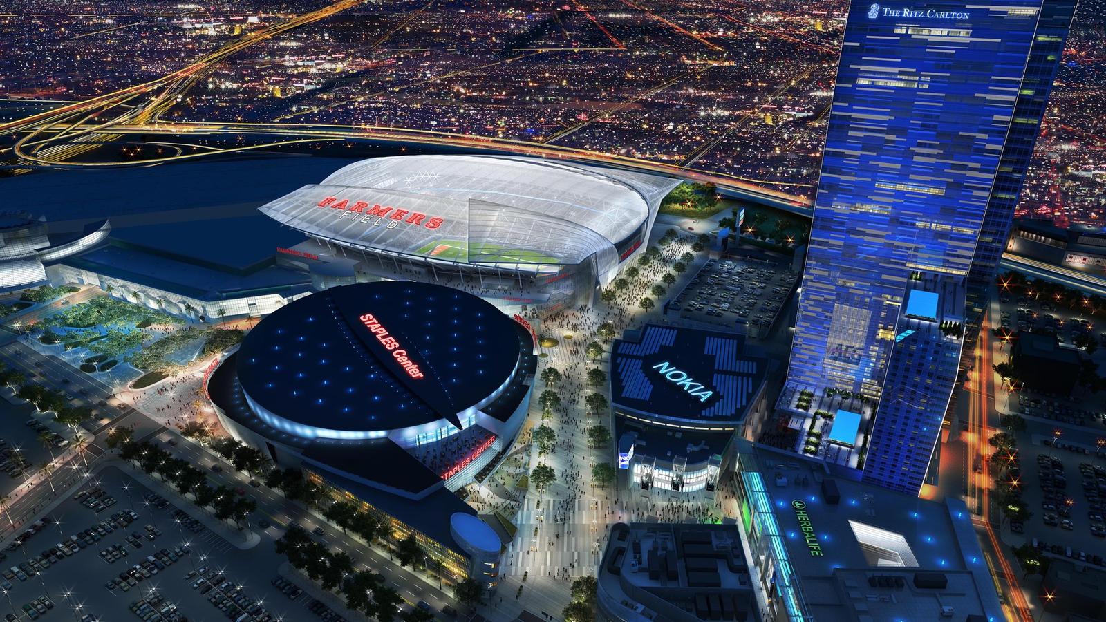 A rendering shows Farmers Field, an NFL stadium proposed by AEG for downtown adjacent to the L.A. Convention Center.