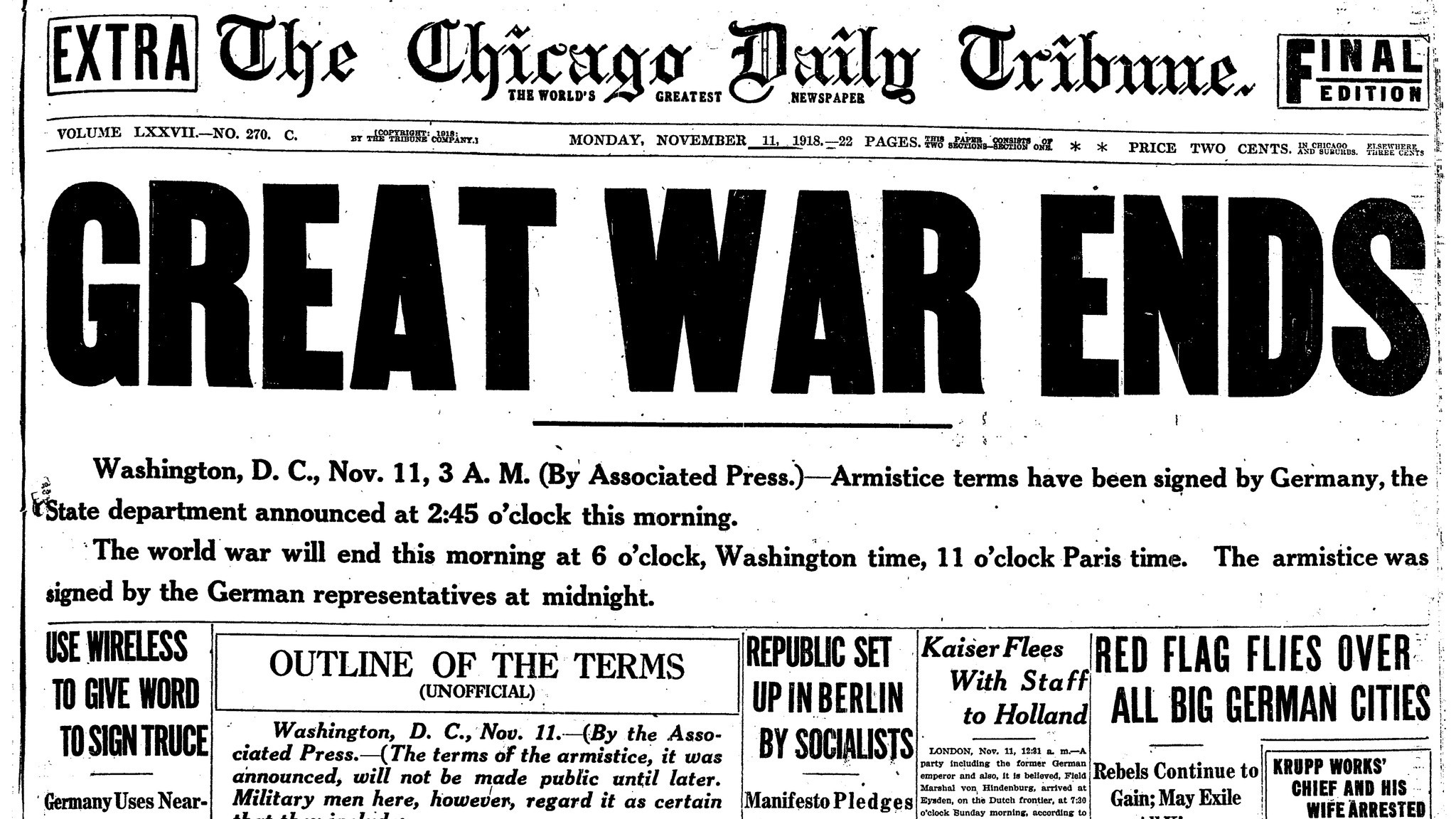 Chicago Tribune Headlines Chronicle End Of World War I Chicago Tribune 