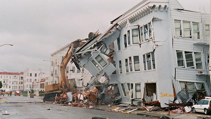 A damaged apartment building is seen in San Francisco's Marina District after the 1989 Loma Prieta earthquake.