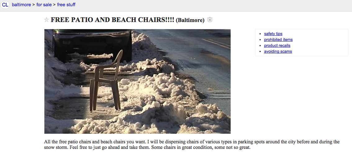 Craigslist ad: Those chairs aren't reserving dug-out ...
