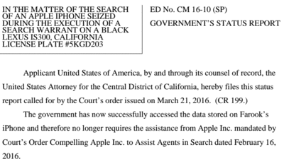 Document: Government 'no longer requires' Apple's help in iPhone case