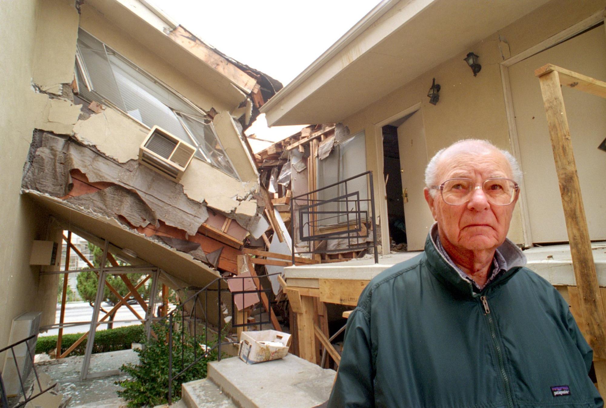 After the 1994 Northridge earthquake, Kenneth Shaffer, with one of his Sherman Oaks buildings, says he lost nearly a quarter of the units he had accumulated over a lifetime of investment.