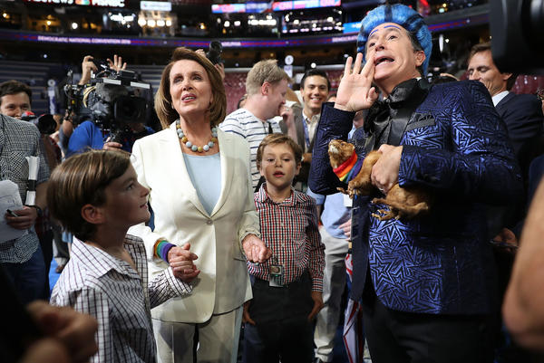 House Minority Leader Nancy Pelosi with comedian Stephen Colbert. (Joe Raedle/Getty Images)