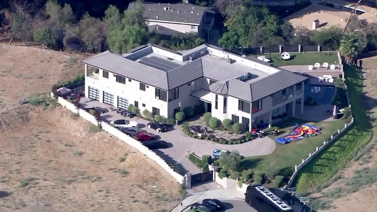 An aerial view of Chris Brown’s Tarzana home.