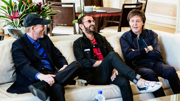 Beatles documentary producer and director Ron Howard, left, with Ringo Starr and Paul McCartney in Las Vegas