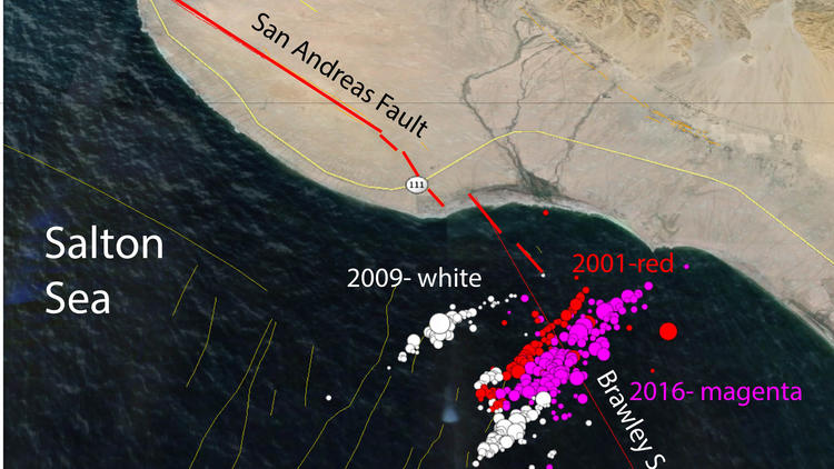 An image provided by Caltech seismologist Egill Hauksson shows the earthquake swarms of 2001, 2009 and 2016 in the Salton Sea. Scientists worry that earthquakes near the southern end of the San Andreas fault could trigger a large earthquake on California's longest fault.