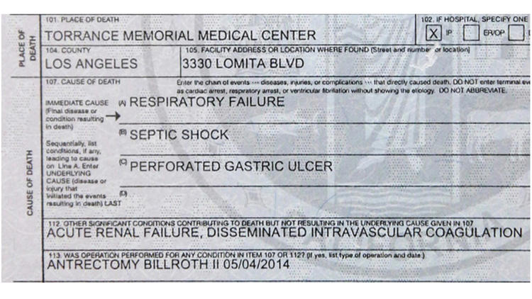 Sharley McMullen's death certificate says she died from respiratory failure and septic shock caused by her ulcer.