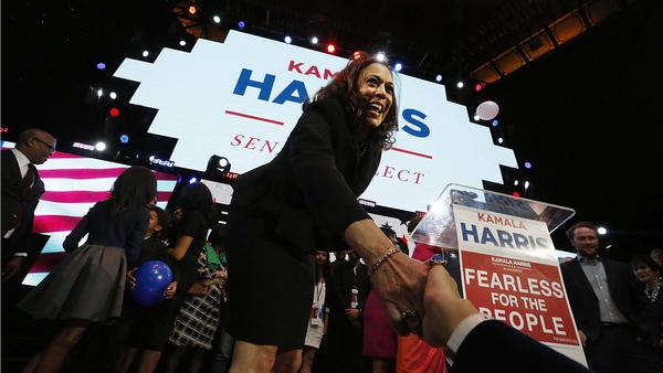 Kamala Harris takes the stage at her election night party Tuesday night in downtown Los Angeles hours after winning California's U.S. Senate election. [Barbara Davidson / Los Angeles Times)