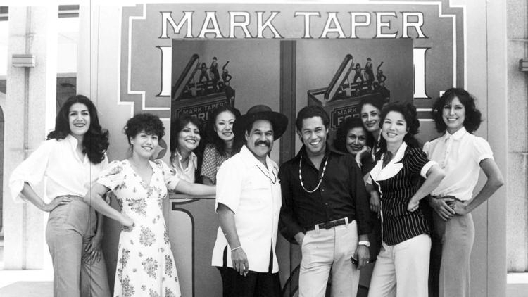 Valdez with his "Zoot Suit" cast outside the Mark Taper Forum in 1978.