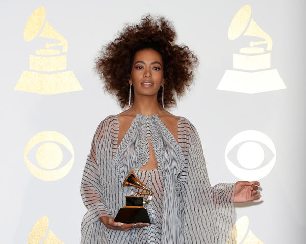 Singer Solange Knowles, winner of best R&B performance for "Cranes in the Sky," poses in the press room during The 59th Grammy Awards at Staples Center on Sunday in Los Angeles.. (Allen J. Schaben / Los Angeles Times)