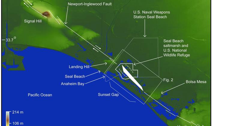 The area shaded in solid white, which spans the Seal Beach National Wildlife Refuge and the Huntington Harbour area of Huntington Beach, highlights the zone along the fault that may experience abrupt sinking during future earthquakes on the Newport-Inglewood fault.