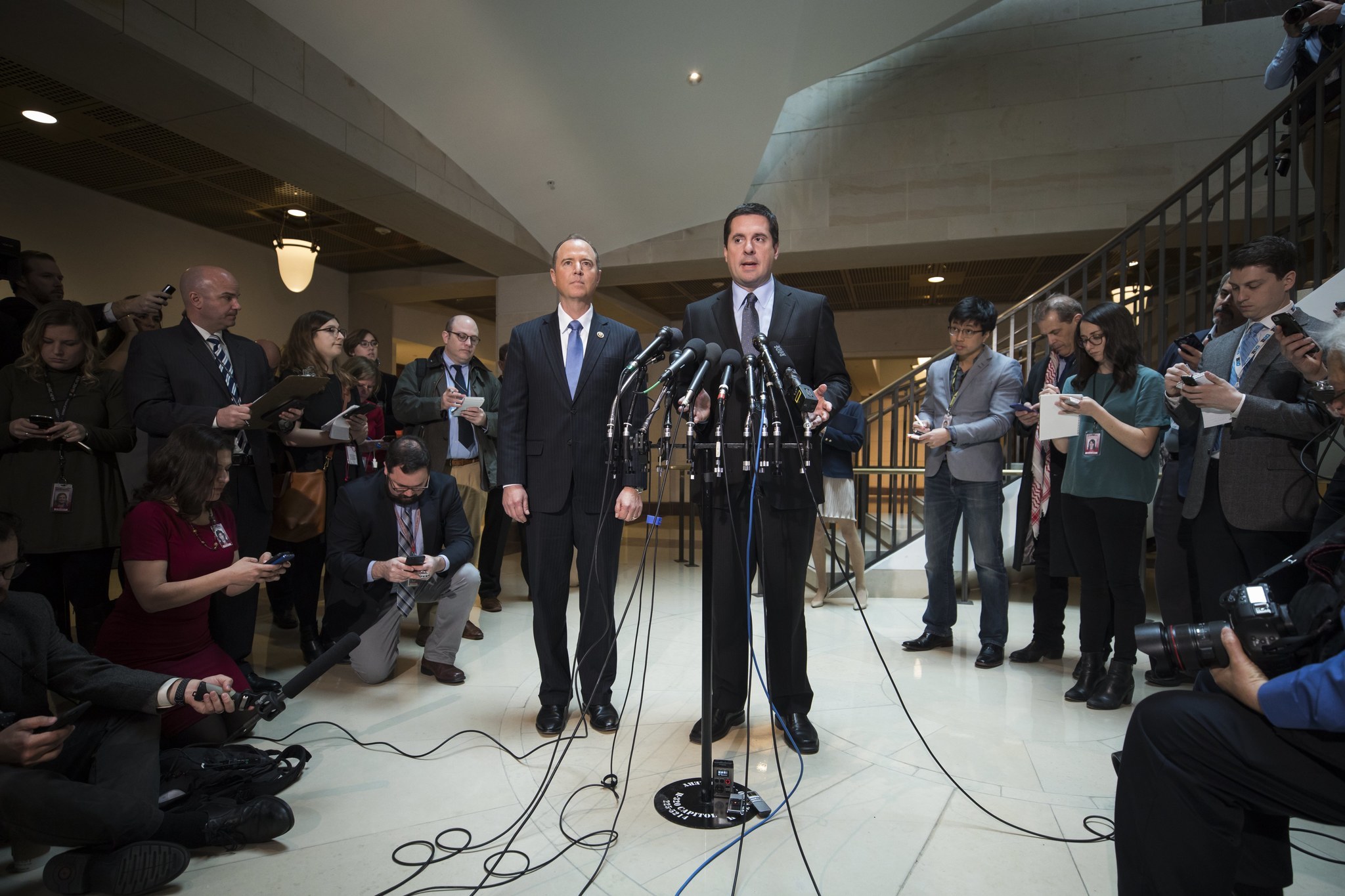 Nunes, with Schiff, speaks about the committee's Russia investigation during a news conference at the Capitol.