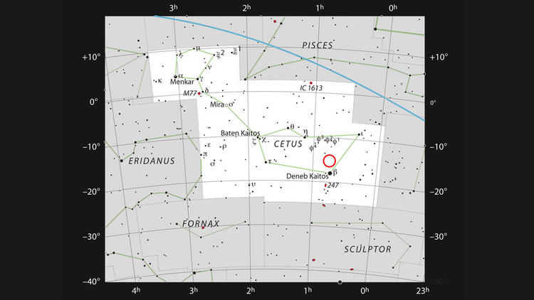 This chart shows the location of the faint red star LHS 1140 in the constellation of Cetus (the Sea