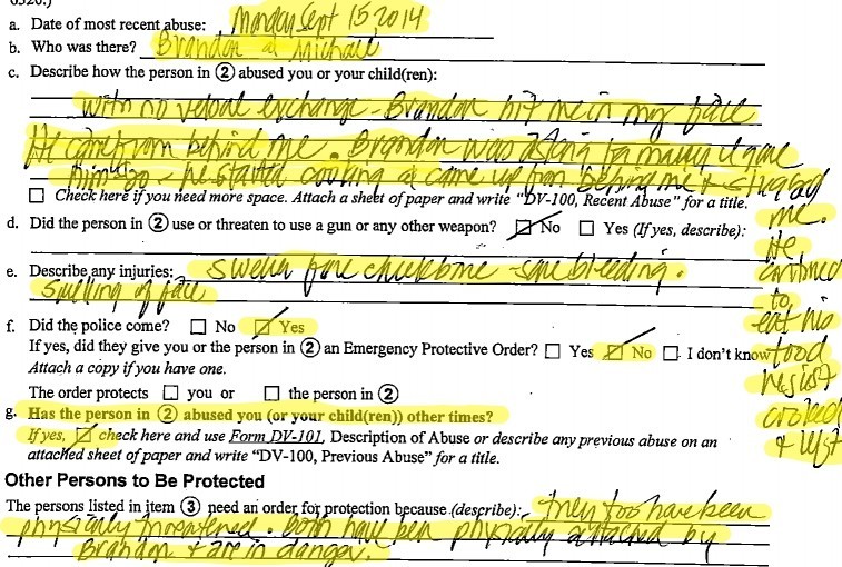 The highlighted portion of the request for a restraining order details Brandon Martin's attack on his father Michael and that the parents "are in danger."