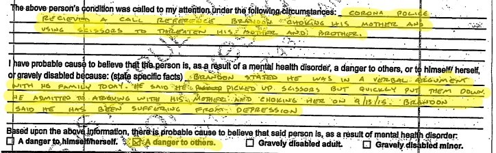 A highlighted excerpt from a detention hold application indicates that Brandon Martin is a danger to others as a result of a mental health disorder.