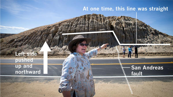 Seismologist Lucy Jones stands on top of the San Andreas fault, which has pushed up the left side of the hill northward and higher than the side to the right from past earthquakes.