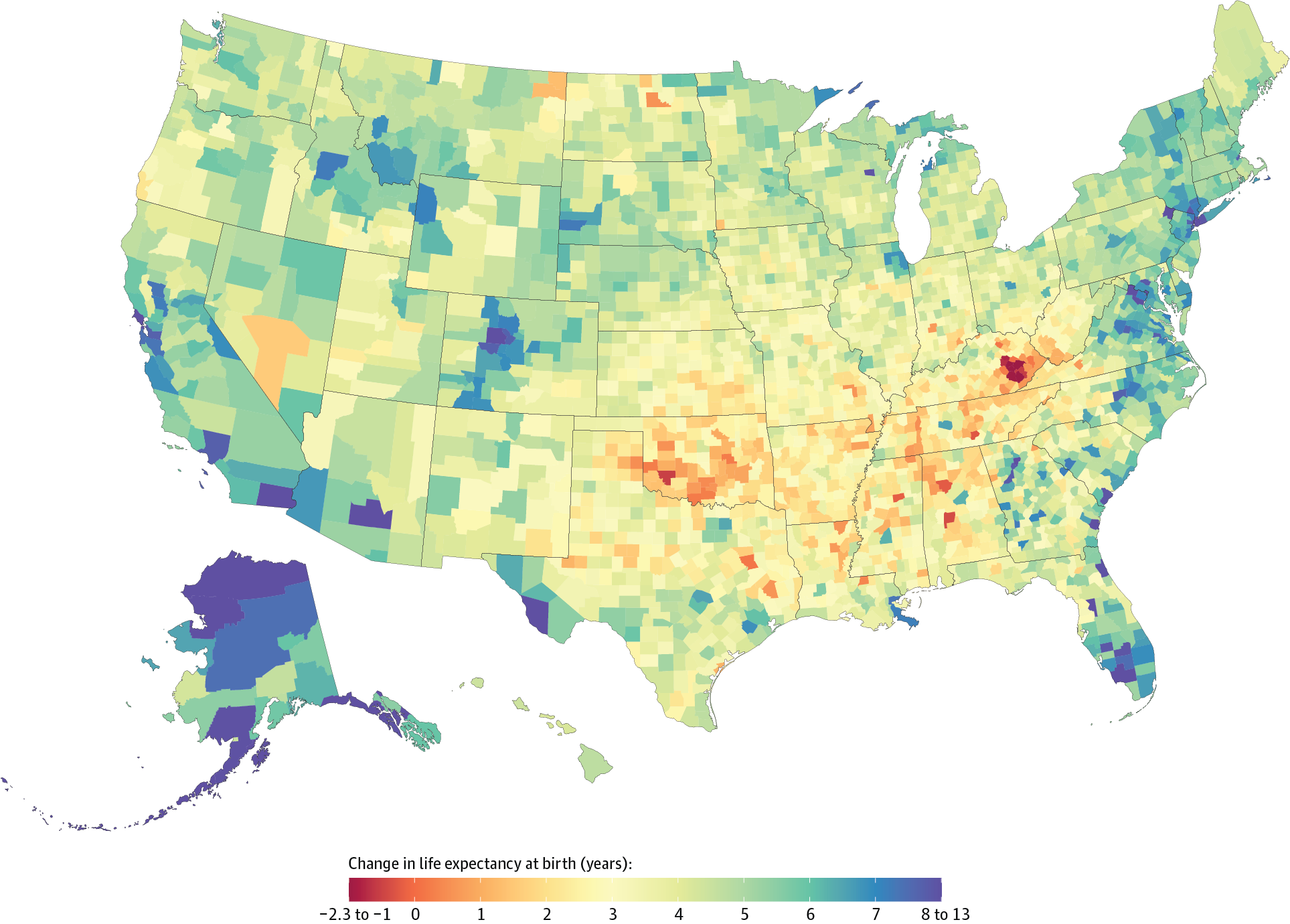 This map shows that gains (or losses) in life expectancy have not been evenly distributed among counties in the U.S.