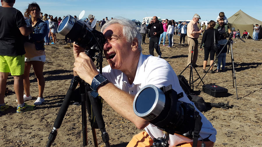 Williams College astronomer Jay Pasachoff prepares for a solar eclipse in Argentine Patagonia in February. He plans to observe this summer's total eclipse from western Oregon.