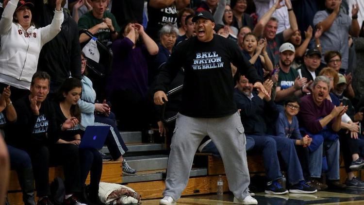 LaVar Ball cheers on sons Lonzo, LiAngelo and LaMelo during a game between Chino Hills and Immanuel
