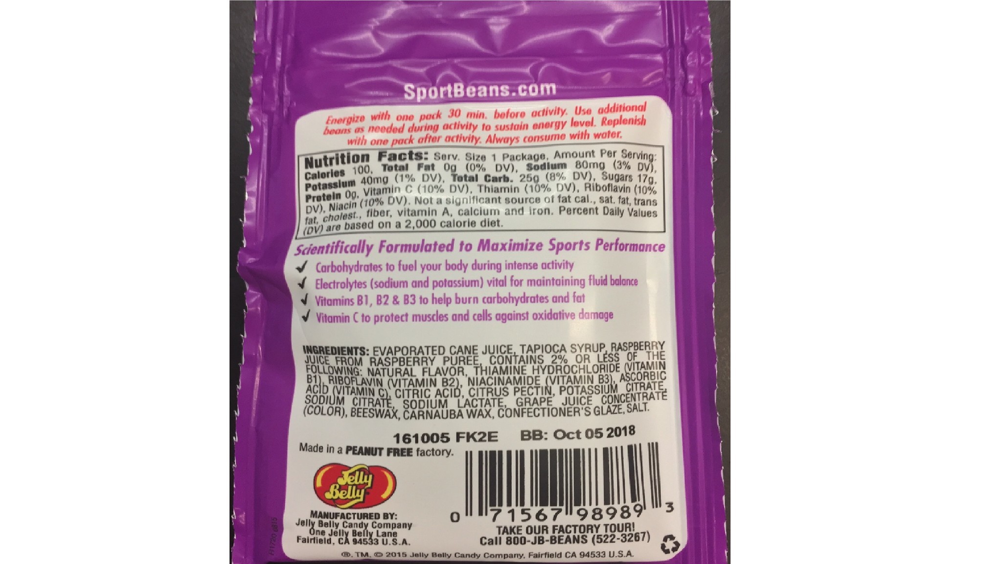 Shown is a nutritional label from the back of a Jelly Belly Candy Sport Beans package.