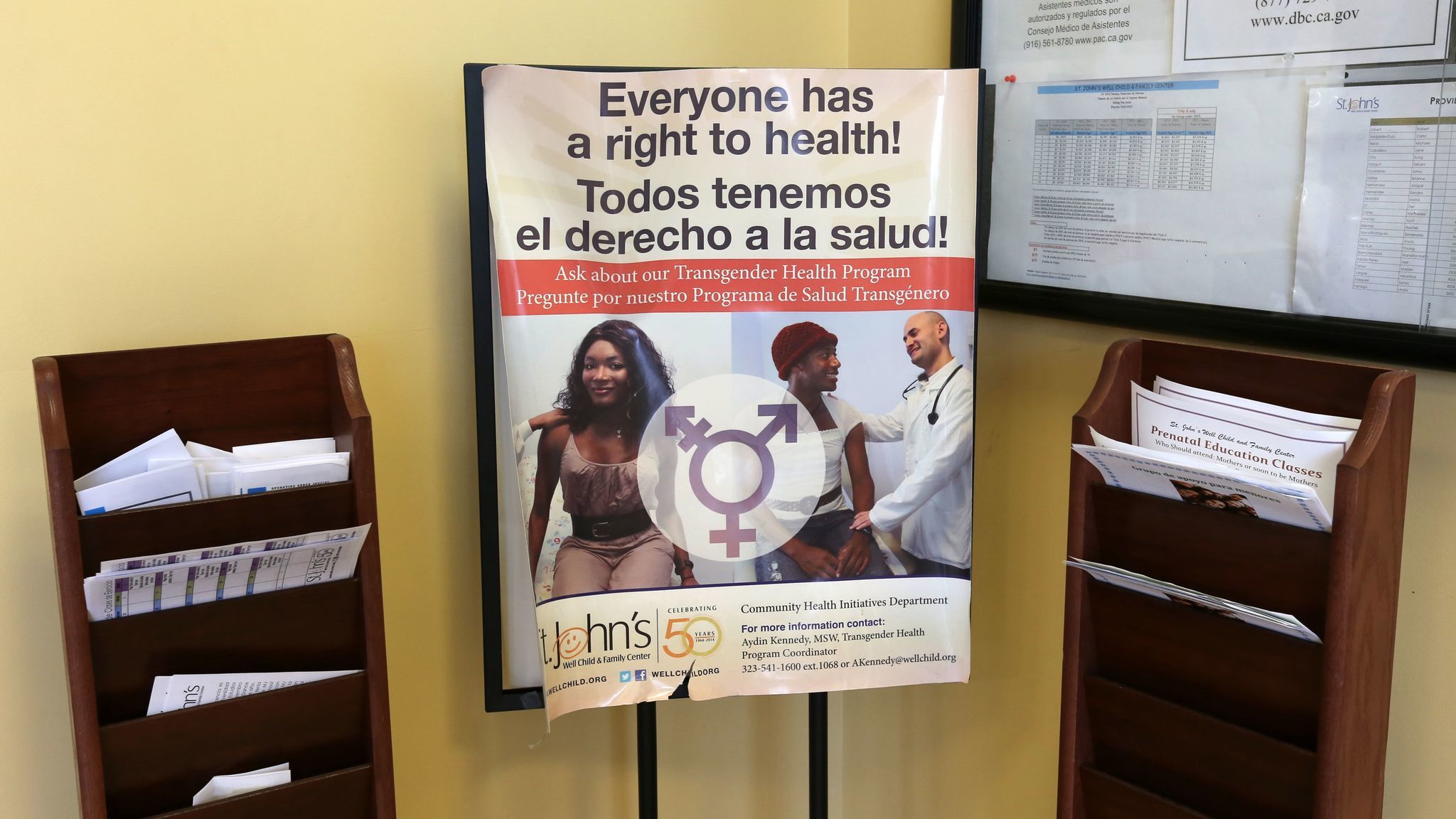 A poster advertises a transgender health program at St. John's in South L.A. The clinic provides culturally appropriate services to the local transgender community, whose members often can't afford the expensive medical care they require.