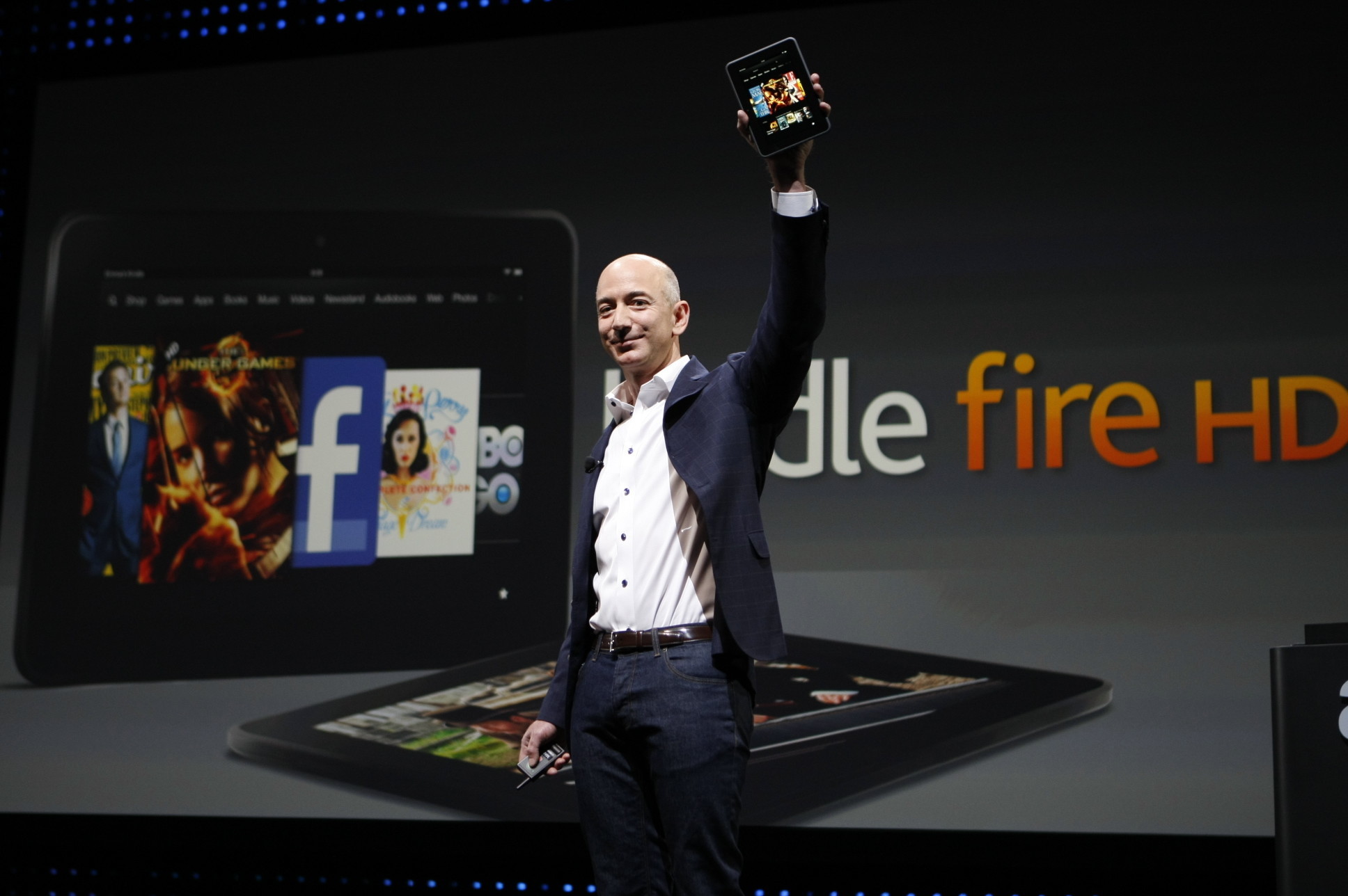 Amazon CEO Jeff Bezos unveils the Kindle Fire HD in 2012.