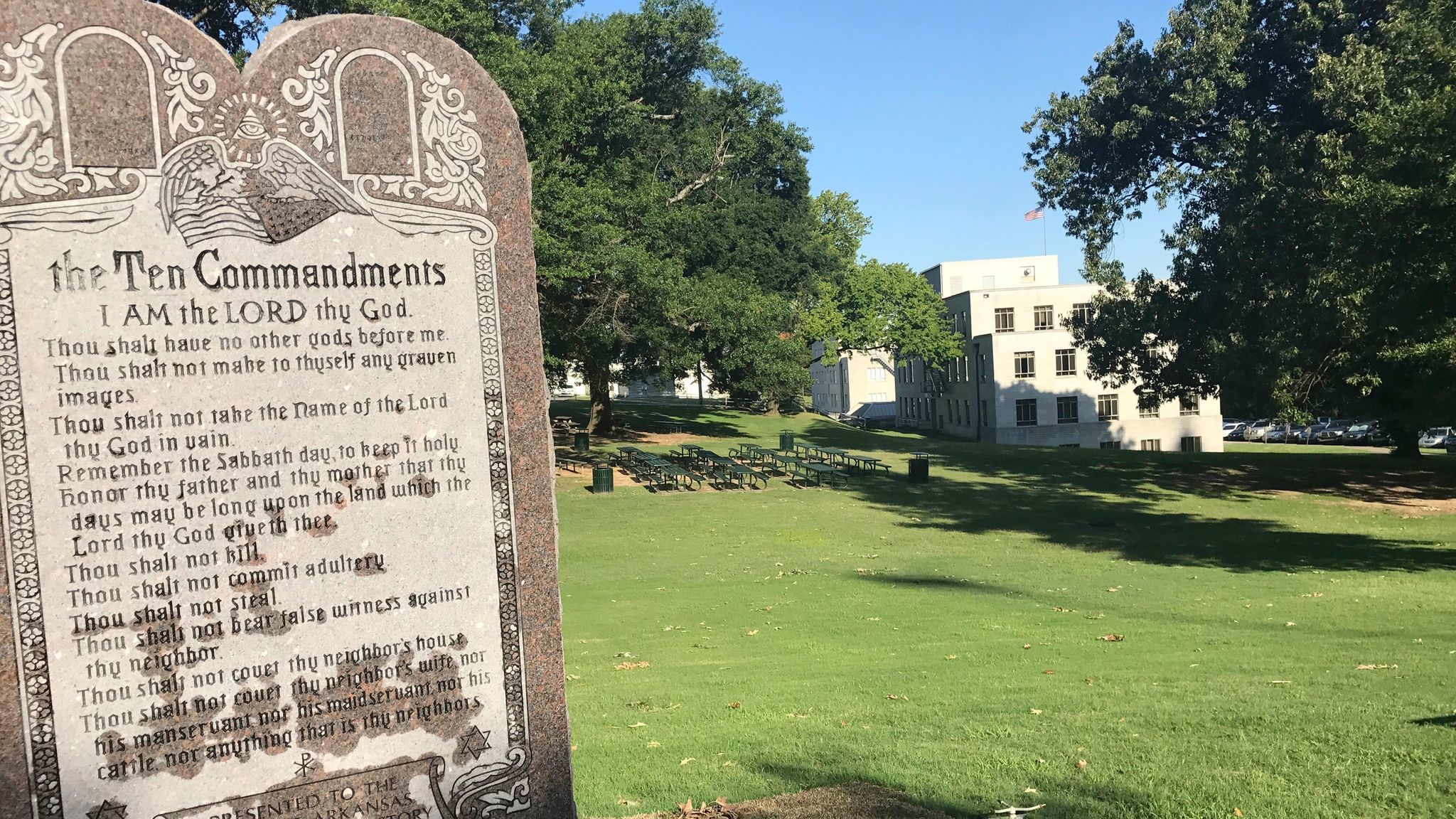 A 6-foot-tall privately funded Ten Commandments monument is seen on the Arkansas Capitol grounds on June 27, 2017.
