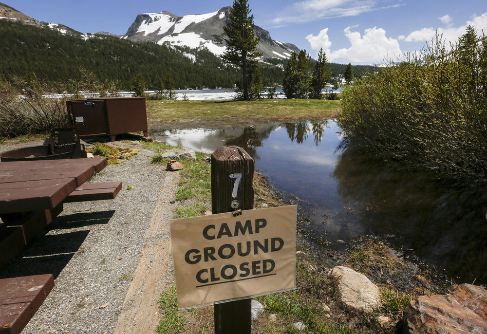 Many of the campsites in the Tioga Lake Campground are still flooded, and the roads in and out are still blocked by snow.