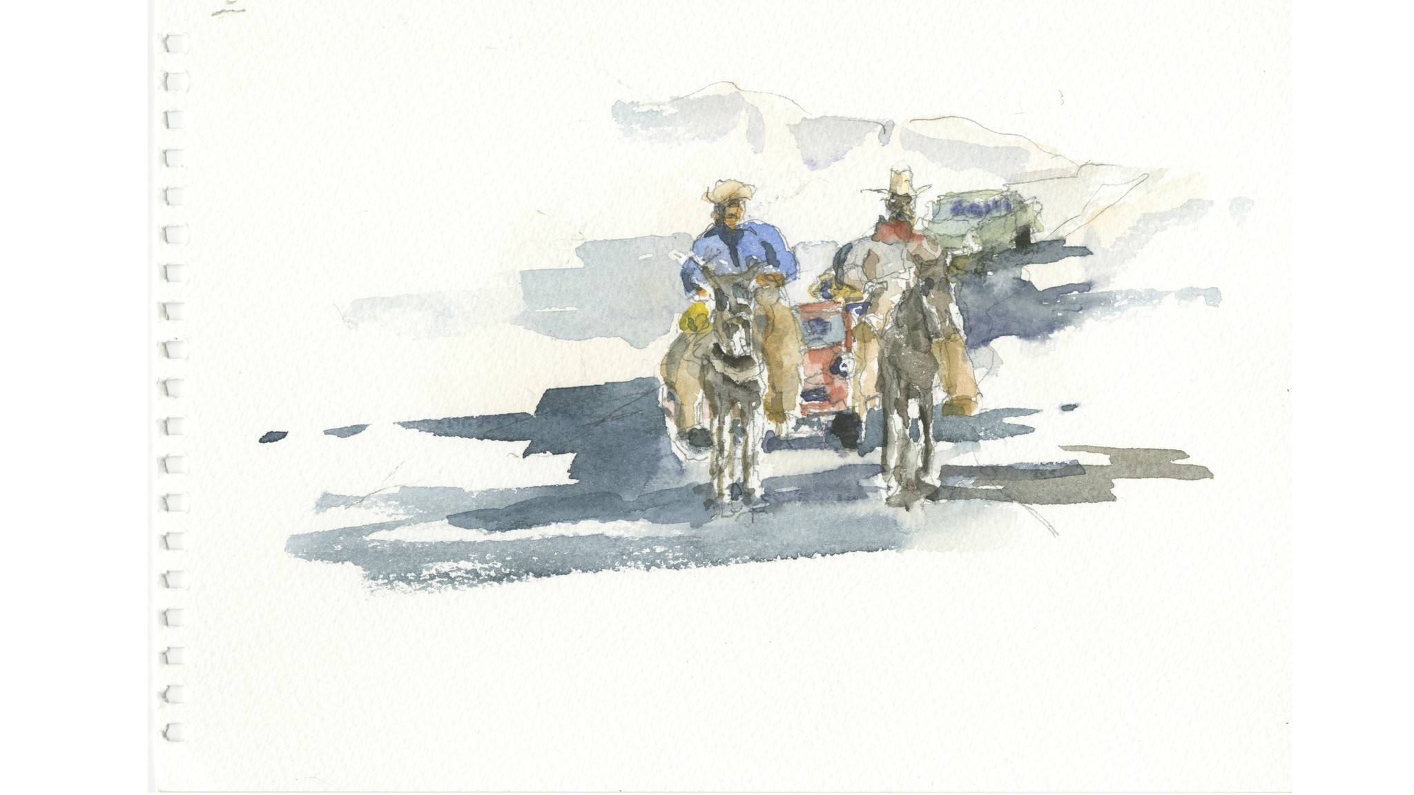 Pilgrims on horseback and in SUVs.