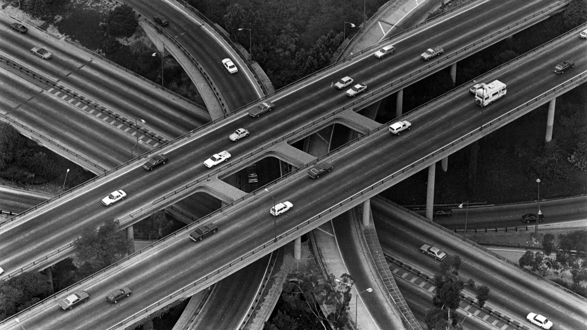 Traffic is light at the downtown Los Angeles fourlevel freeway interchange one morning during the 1984 Summer Olympics.