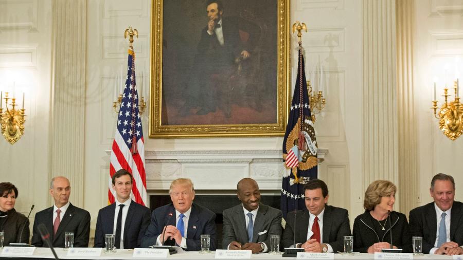 President Donald J. Trump meets with CEOs of manufacturing companies in the White House on February 23rd.  Photograph: Michael Reynolds/European Pressphoto Agency.