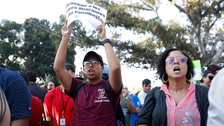 Bryan Peña, 18, of Los Angeles, a freshman at Cal State L.A., and his former teacher Peta Lindsay of