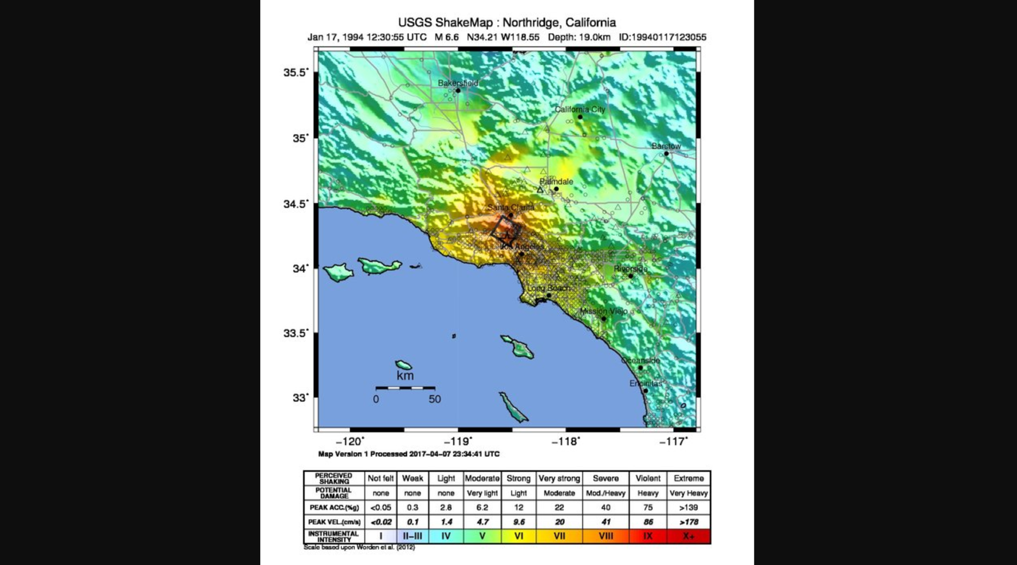 The magnitude 6.7 Northridge earthquake in 1994 produced intensity level 9 shaking — violent shaking — in a small section of the San Fernando Valley.