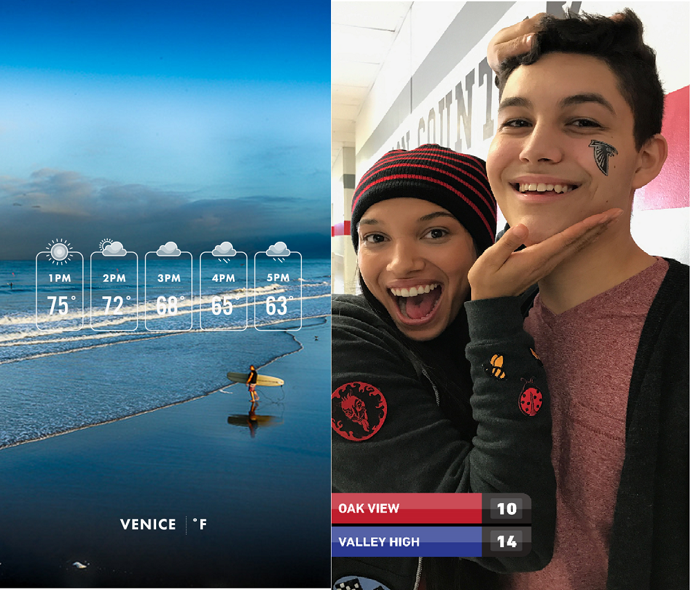 Examples from Weather Co. and ScoreStream show dynamic geofilters, or small informational banners overlaid on images.