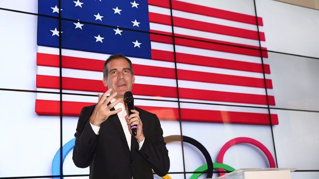 Mayor Eric Garcetti makes a pitch for Los Angeles hosting the Olympics at an event in August 2016 in Brazil, site of the Rio Summer Games. The candidacy of Donald Trump was one issue the mayor had to address.