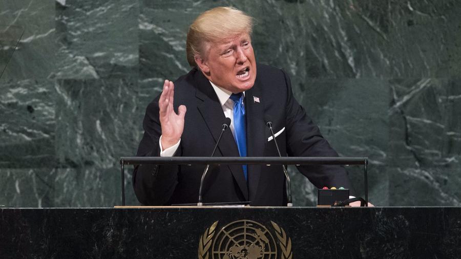 President Trump addresses the United Nations General Assembly at U.N. headquarters in New York City on Tuesday.  Photograph: Drew Angerer/Getty Images.