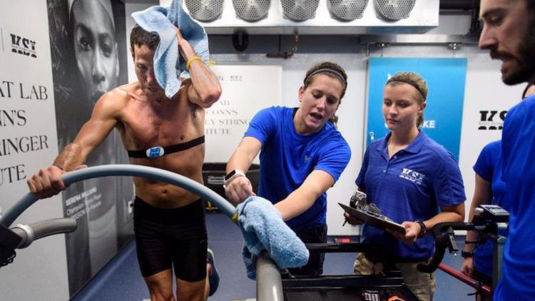 Elite runner Adam Chase undergoes a heat test by running for an hour on a treadmill at 95 degrees an
